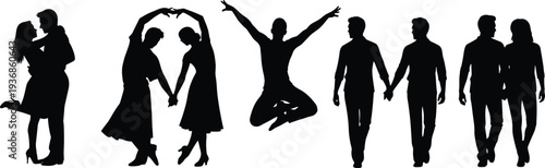 Silhouette of romantic couples hugging and dancing, man jumping for joy and people walking together, collection of lifestyle relationship figures for design.