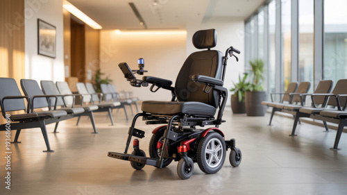 Modern electric wheelchair in bright waiting room, mobility aid and accessibility concept, indoor healthcare facility seating area