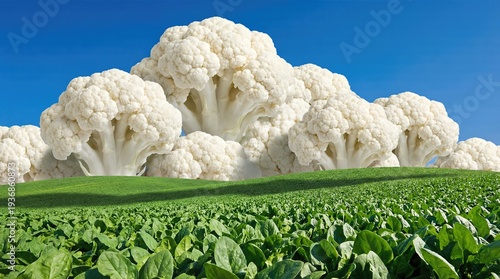 White cauliflower heads resembling hills above a green field, healthy vegetable concept for agriculture and food industry.