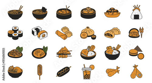 Asian Street Food Icons Set: Japanese, Chinese, and Korean Cuisine Vector Illustrations