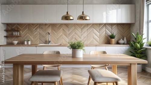 A bright and inviting contemporary kitchen space featuring a warm wood herringbone backsplash and a wooden dining table with comfortable seating