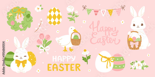 Easter pink decor set with animals. Girly easter collection with plants, duck and rabbits.