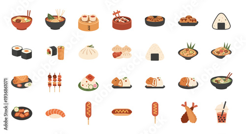 Asian Street Food Vector Icon Set: Japanese Sushi, Ramen, Dim Sum, Takoyaki, and Bubble Tea Flat Illustration