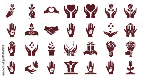 Diverse collection of hand gesture icons symbolizing care, love, giving, nature, community, and support. Perfect for charity, environmental, and relationship themes.