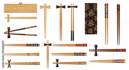 Diverse set of traditional wooden and decorated chopsticks with various ceramic and wood rests on a white background.