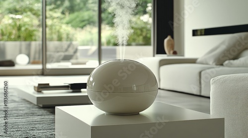 A white diffuser sits on a white table in a living room. The diffuser is emitting a pleasant scent, creating a relaxing atmosphere in the room. The living room is furnished with a couch and a chair