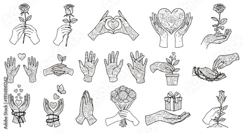Collection of hand-drawn illustrations depicting human hands interacting with nature, love symbols, and acts of care, growth, and giving in a detailed sketch style.