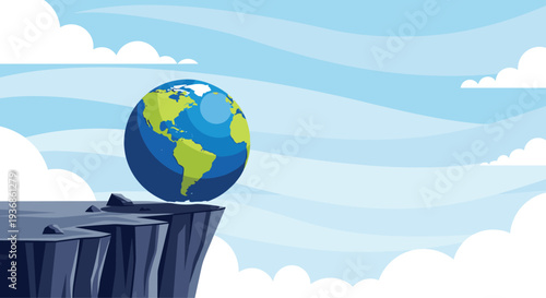 Stylized planet earth globe balancing on the precarious edge of a dark rocky cliff against a cloudy blue sky.