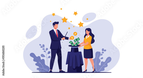 Man and woman dressed as magicians performing a trick to pull gold coins and dollar bills out of a magic top hat.