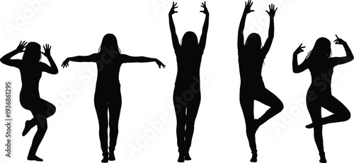 Silhouetted Women in Graceful Dancing and Yoga Poses with Extended Arms and Balanced Postures Isolated on White Background for Wellness Design Projects