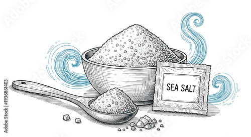 Detailed engraving style illustration of sea salt in a wooden bowl and spoon with a small packet on a white background.