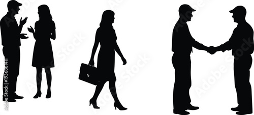 Silhouettes of business people talking and shaking hands with professional woman carrying briefcase isolated on white for corporate communication and networking