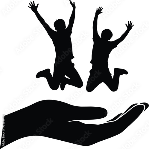 Silhouettes of two children jumping happily above a large supportive hand, symbolizing protection, childcare, family support, and a bright future.
