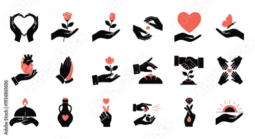 Set of icons representing hands in various gestures of care, love, support, and hope