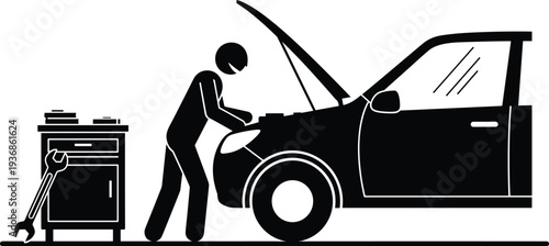 Vector illustration of a mechanic repairing a car with open hood next to a tool chest and large wrench