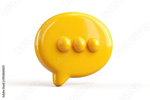 Shiny yellow 3D speech bubble with three dots, white backdrop
