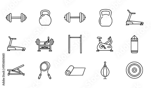 A set of minimalist fitness icons and equipment illustrations in a flat design style