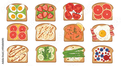 Collection of twelve healthy bread slices with different toppings like egg, fruit, salmon, tomato, and vegetables.