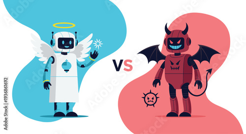 Confrontation between an angel-like good robot and a devil-like evil robot representing the duality of artificial intelligence.