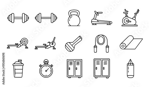 A set of minimalist fitness icons and equipment illustrations in a flat design style