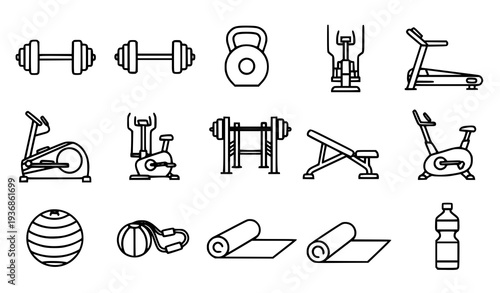 A set of black and white line art icons depicting various gym equipment and fitness tools