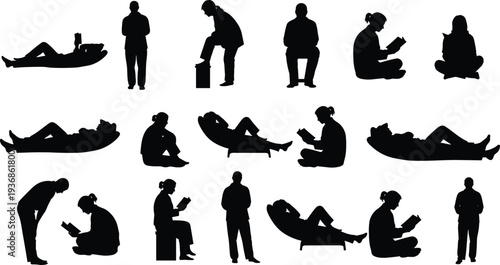 Vector Silhouette Collection of People Reading Books and Relaxing in Various Poses Including Sitting Standing Lying Down and Casual Leisure Activities
