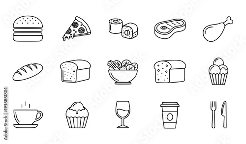A set of minimalist food icons including burgers, pizza, bread, and utensils