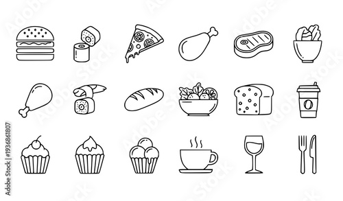 A set of black and white line art icons depicting various food and drink items