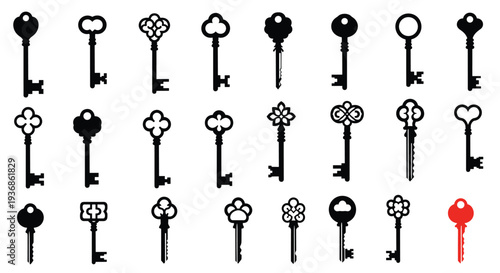 Large set of various vintage black skeleton key silhouettes with one bright red key at the bottom corner.