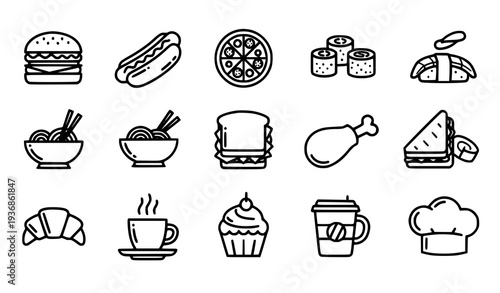A set of black and white line art food icons for design