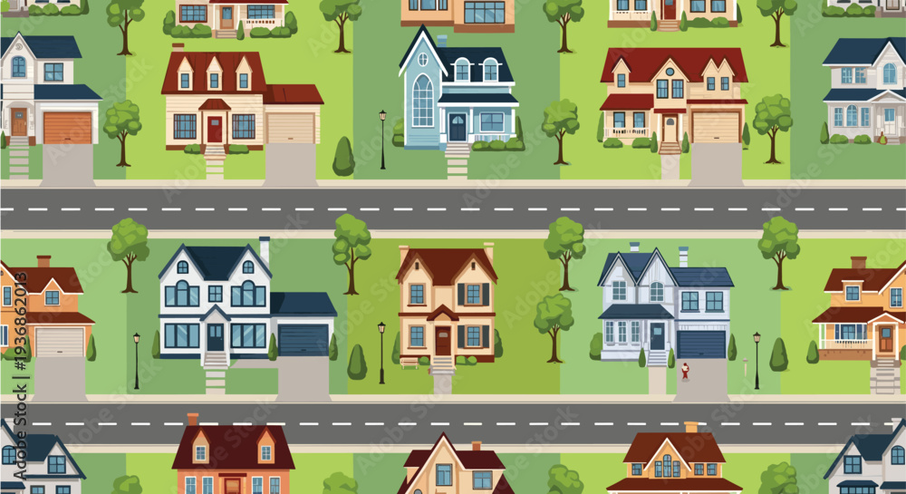 Naklejka premium Detailed seamless pattern background of a suburban neighborhood with various colorful houses, trees, and roads.