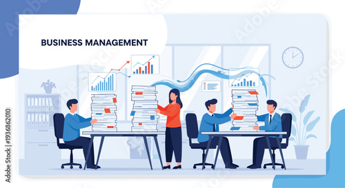 Team of office workers managing large stacks of paperwork and data charts in a bright modern office workspace.