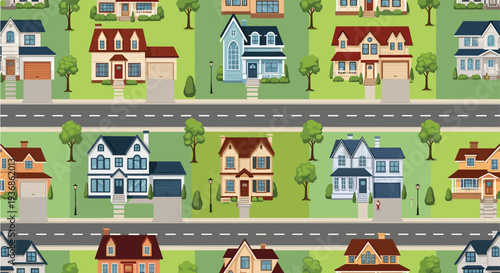Detailed seamless pattern background of a suburban neighborhood with various colorful houses, trees, and roads.