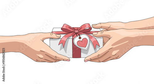 One person's hands giving a white gift box with a red ribbon and heart tag to another person's waiting hands.