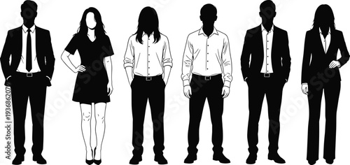 Vector Silhouette of Diverse Business Professionals Standing in Formal and Smart Casual Attire for Teamwork Corporate Leadership and Recruitment Concept