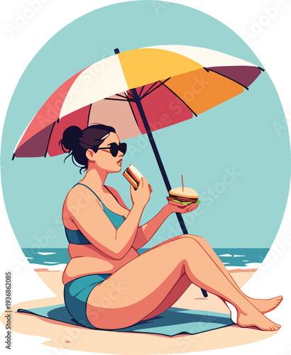 donna seduta in spiaggia che mangia cibo in costume da bagno vettoriale 
