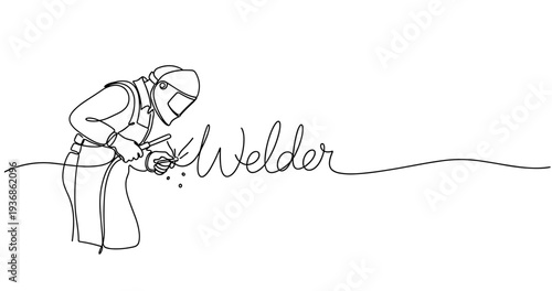 Continuous line art of welder at work with welding equipment. No editable strokes
