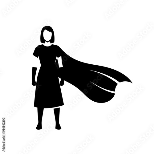 Superhero woman with cape illustration in black and white