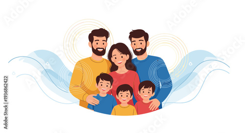 Portrait of a happy and diverse family features two fathers, a mother, and three smiling children against a blue wavy background.