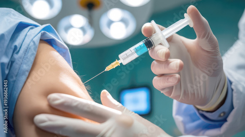 Medical vaccination procedure in hospital, doctor injecting vaccine into patient arm, healthcare professional administering medicine with syringe