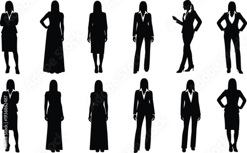 Vector Silhouette Set of Professional Business Women in Various Poses and Elegant Outfits for Corporate Leadership Success and Female Empowerment Concept