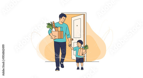 Father and son are walking through the front door of their home while carrying several paper bags full of fresh groceries and bread.