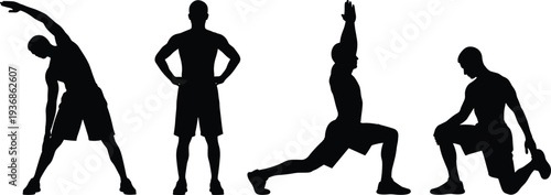 Vector Silhouettes of Man Stretching and Warming Up Before Workout for Fitness Health and Athletic Training Isolated on White Background