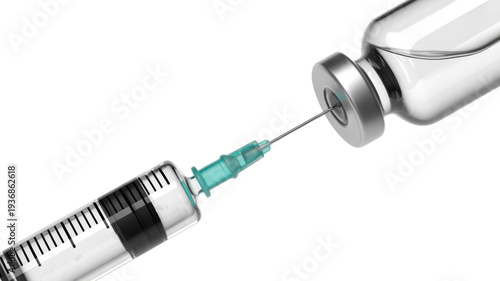 Medical syringe drawing liquid from glass vaccine vial, sterile hypodermic needle and injectable medicine bottle, healthcare immunization concept