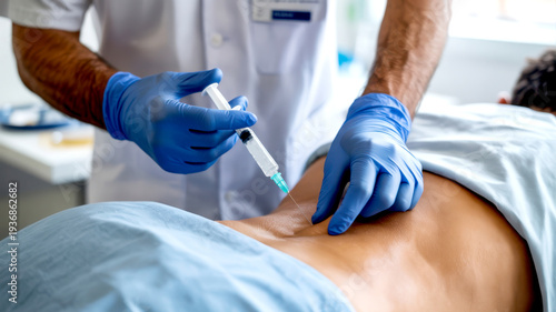 Medical professional in blue gloves administering an injection to a patient's lower back in a clinic