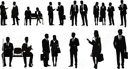 Vector Silhouettes of Professional Business People in Suits Standing Sitting and Talking in Office Environment Isolated on White Background for Design