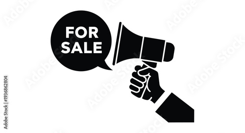 Black silhouette of a hand holding a megaphone with for sale text