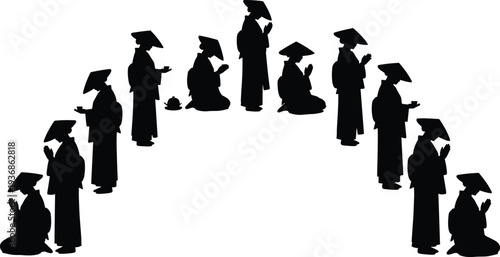 Vector Silhouettes Set of Japanese Geisha Women in Traditional Kimono Performing Tea Ceremony and Praying in Arch Composition Isolated on White