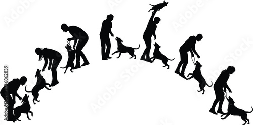 Vector Silhouettes Set of People Training Dogs Showing Various Poses and Interactions Isolated on White Background for Pet Services