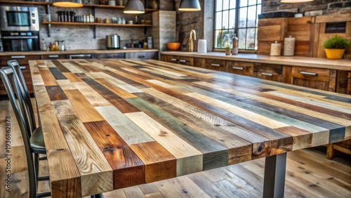 A richly textured, multi-toned reclaimed wood tabletop at the heart of a rustic kitchen setting, inviting warmth and character to the space